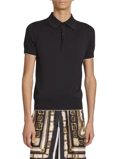 Balmain Men's Silk-Blend Knit Polo Shirt - Noir Blanc | Thumbnail 3