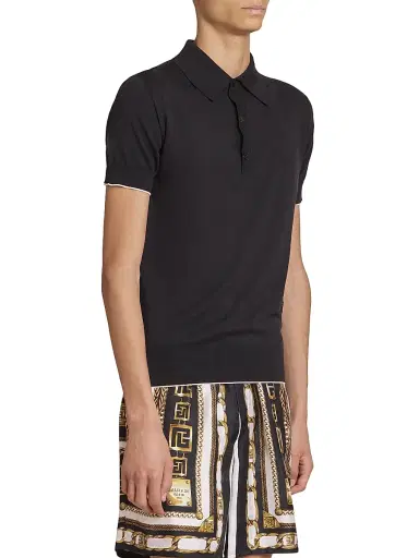 Balmain Men's Silk-Blend Knit Polo Shirt - Noir Blanc | Thumbnail 4