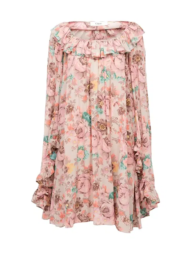 Women's Floral Silk Frill Minidress - Muddy Grey