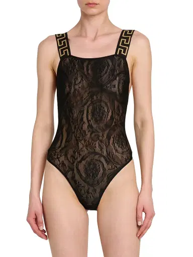 Versace Women's La Greca Lace Bodysuit - Black - Size Large | Thumbnail 3