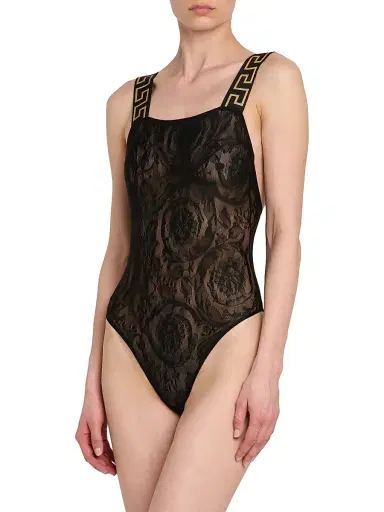 Versace Women's La Greca Lace Bodysuit - Black - Size Large | Thumbnail 4