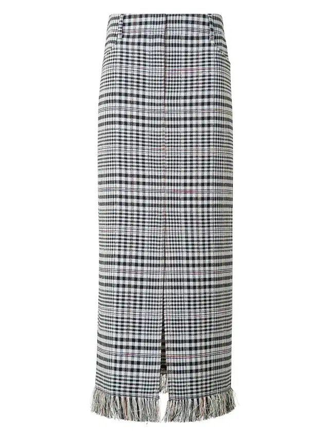 Women's Fringed Plaid Pencil Midi-Skirt - Cream Black