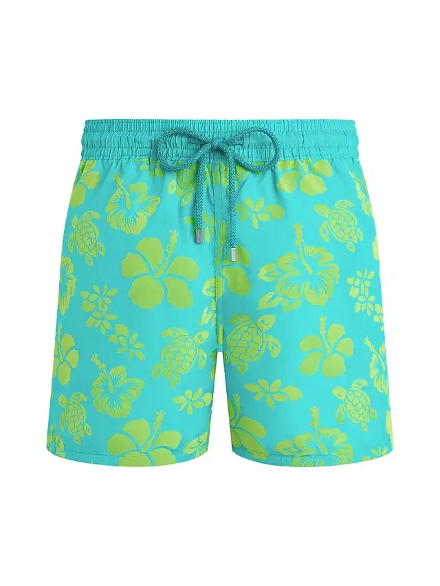 Men's Tropical Turtle Packable Flocked Swim Trunks - Vert Disco