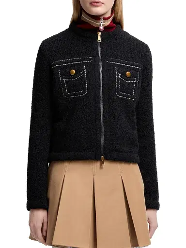Moncler Women's Down-Filled Cardigan in Wool & Cotton - Navy Blue | Thumbnail 2