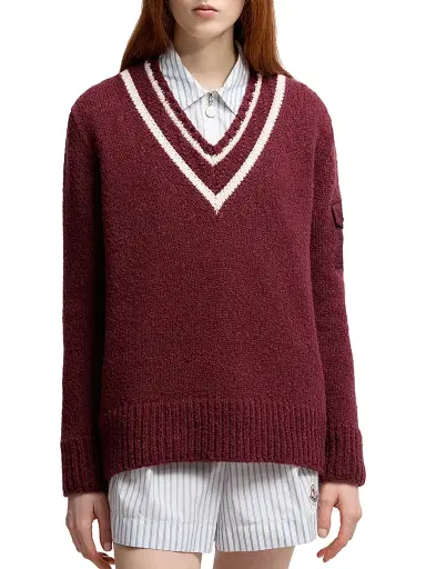 Moncler Women's Down-Filled Sweater in Cotton & Wool Blend - Burgundy | Thumbnail 2