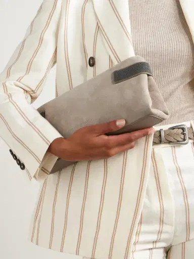Brunello Cucinelli Bead-embellished Leather-trimmed Suede Clutch | Thumbnail 2 Brunello Cucinelli Bead-embellished Leather-trimmed Suede Clutch | Thumbnail 2