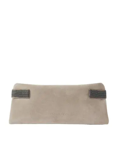 Brunello Cucinelli Bead-embellished Leather-trimmed Suede Clutch | Thumbnail 1 Brunello Cucinelli Bead-embellished Leather-trimmed Suede Clutch | Thumbnail 1