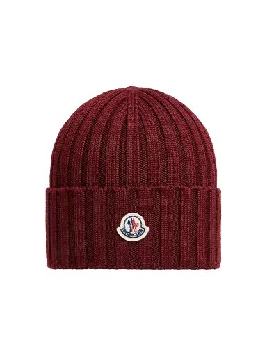 Moncler Women's Wool Ribbed Knit Logo Beanie | Thumbnail 1 Moncler Women's Wool Ribbed Knit Logo Beanie | Thumbnail 1