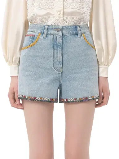Valentino Garavani Women's Embroidered Denim Shorts - Light Denim | Thumbnail 2