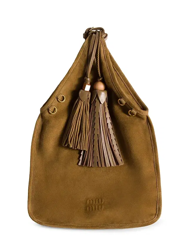 Women's Suede Handbag with Tassels - Light Brown