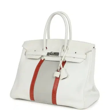 HERMÈS Pre-owned Hermes Birkin Club 35 White and Gris Perle Clemence and Sanguine Lizard Palladium Hardware | Thumbnail 5 HERMÈS Pre-owned Hermes Birkin Club 35 White and Gris Perle Clemence and Sanguine Lizard Palladium Hardware | Thumbnail 5
