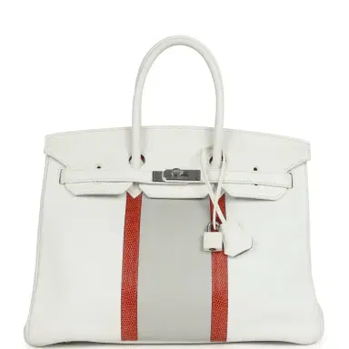 HERMÈS Pre-owned Hermes Birkin Club 35 White and Gris Perle Clemence and Sanguine Lizard Palladium Hardware | Thumbnail 1 HERMÈS Pre-owned Hermes Birkin Club 35 White and Gris Perle Clemence and Sanguine Lizard Palladium Hardware | Thumbnail 1