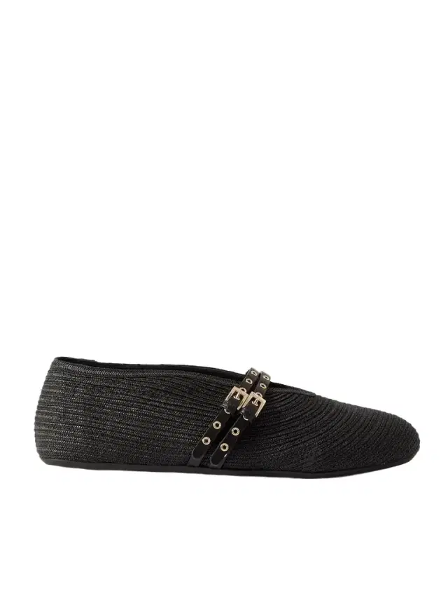 Leather-trimmed Raffia Ballet Flats