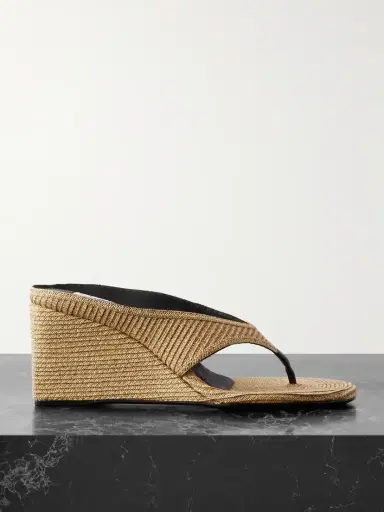 Alaïa Leather-trimmed Woven Raffia Wedge Sandals | Thumbnail 1 Alaïa Leather-trimmed Woven Raffia Wedge Sandals | Thumbnail 1