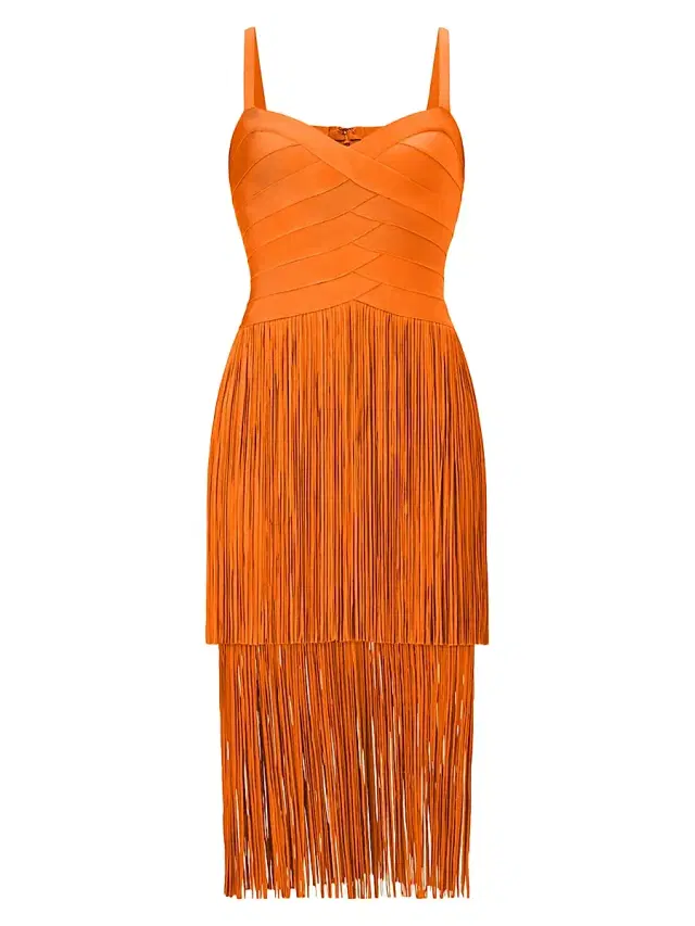 Hervé Léger Women's The Georgia Bandage Fringed Tiered Midi-Dress - Sunset