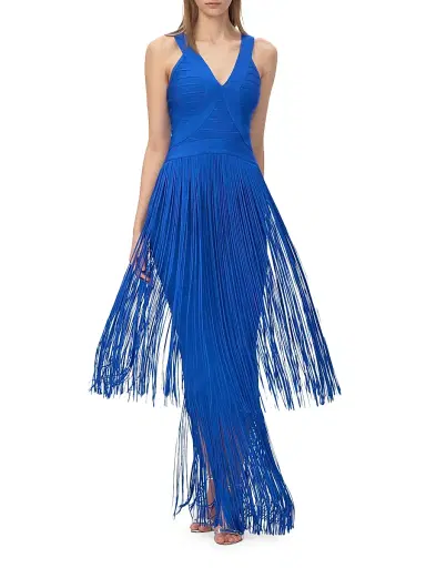 Hervé Léger Women's The Brigitte Bandage Fringed Tiered Halterneck Gown | Thumbnail 2