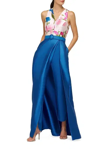 Kay Unger Women's Rhyan Walk-Thru Printed Satin Jumpsuit - Fuchsia Multi | Thumbnail 4