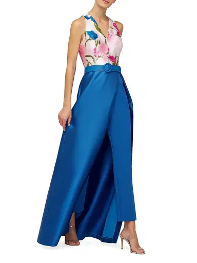 Kay Unger Women's Rhyan Walk-Thru Printed Satin Jumpsuit - Fuchsia Multi | Thumbnail 5