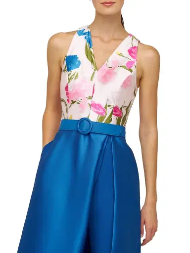 Kay Unger Women's Rhyan Walk-Thru Printed Satin Jumpsuit - Fuchsia Multi | Thumbnail 7