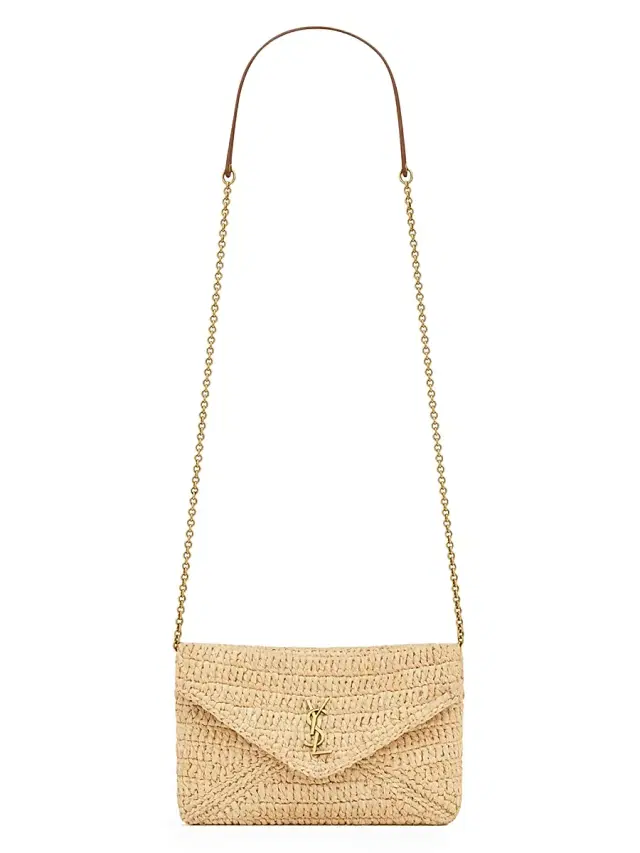 Saint Laurent Women's Cassandre Chain Pouch in Raffia - Natural And Brick