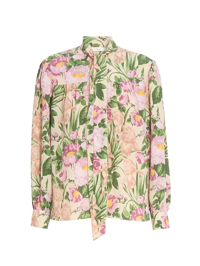 Women's Floral Silk Tieneck Shirt - Macadamia Brown