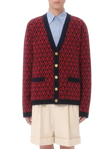 Valentino Garavani Men's Wool Cardigan with Toute La V Pattern - Red Navy - Size Small | Thumbnail 2 Valentino Garavani Men's Wool Cardigan with Toute La V Pattern - Red Navy - Size Small | Thumbnail 2