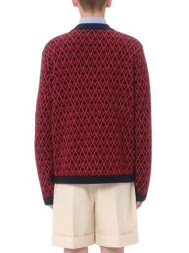 Valentino Garavani Men's Wool Cardigan with Toute La V Pattern - Red Navy - Size Small | Thumbnail 3 Valentino Garavani Men's Wool Cardigan with Toute La V Pattern - Red Navy - Size Small | Thumbnail 3
