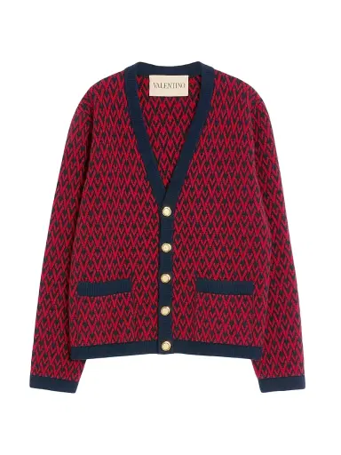 Valentino Garavani Men's Wool Cardigan with Toute La V Pattern - Red Navy - Size Small | Thumbnail 1 Valentino Garavani Men's Wool Cardigan with Toute La V Pattern - Red Navy - Size Small | Thumbnail 1