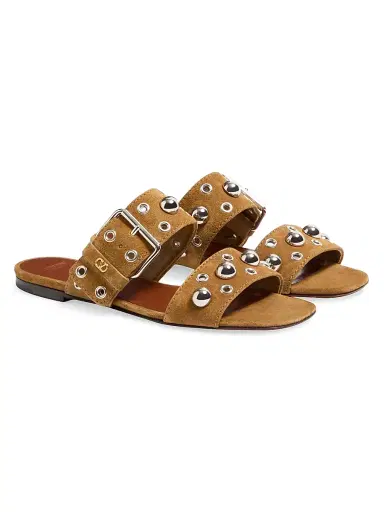 Valentino Garavani Women's Nellcôte Crust Leather Slide Sandals - Havana Beige - Size 6.5 | Thumbnail 2
