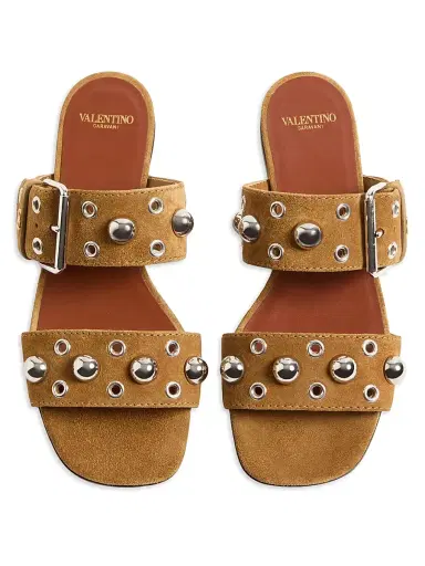 Valentino Garavani Women's Nellcôte Crust Leather Slide Sandals - Havana Beige - Size 6.5 | Thumbnail 4