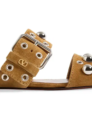 Valentino Garavani Women's Nellcôte Crust Leather Slide Sandals - Havana Beige - Size 6.5 | Thumbnail 6