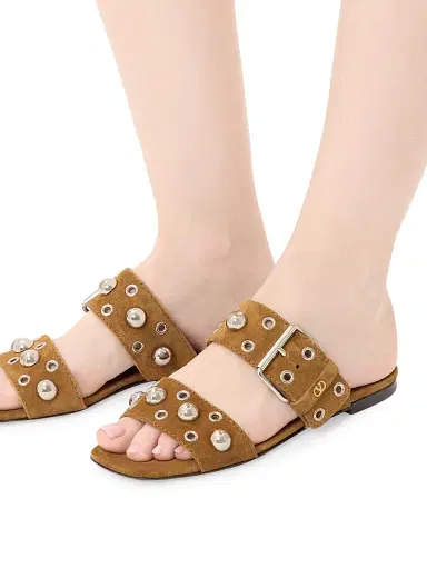 Valentino Garavani Women's Nellcôte Crust Leather Slide Sandals - Havana Beige - Size 6.5 | Thumbnail 7