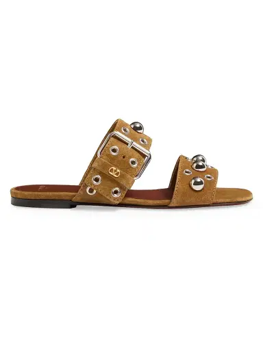 Valentino Garavani Women's Nellcôte Crust Leather Slide Sandals - Havana Beige - Size 6.5 | Thumbnail 1