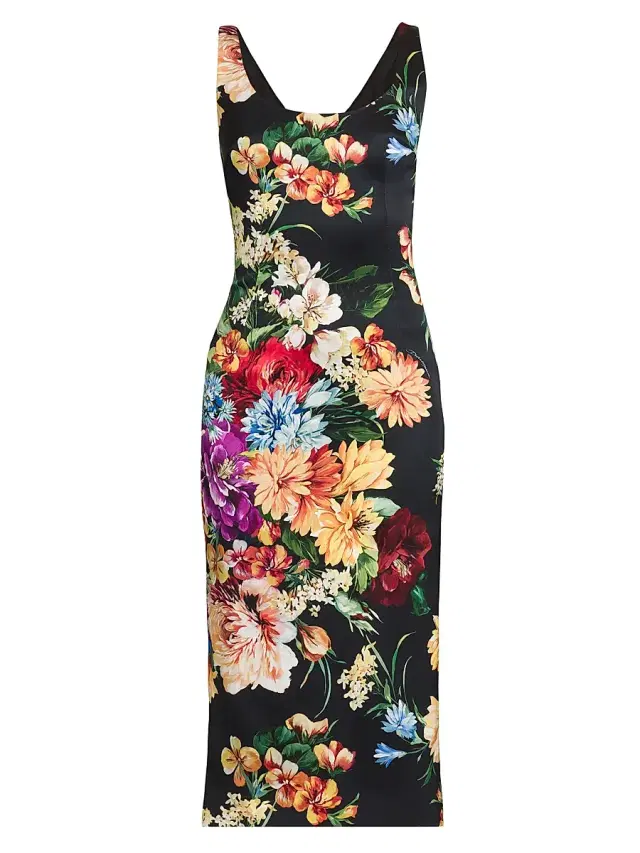 Women's Rafia Fiori Floral Scoopneck Satin Midi-Dress - Black Print Flower