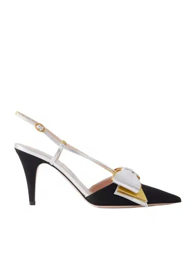 Valentino Garavani Bowow 85 Metallic Leather And Moiré Slingback Pumps | Thumbnail 1 Valentino Garavani Bowow 85 Metallic Leather And Moiré Slingback Pumps | Thumbnail 1
