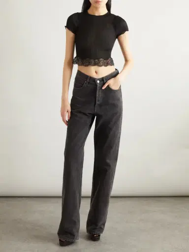 Saint Laurent Cropped Lace-trimmed Ribbed Silk Top | Thumbnail 2
