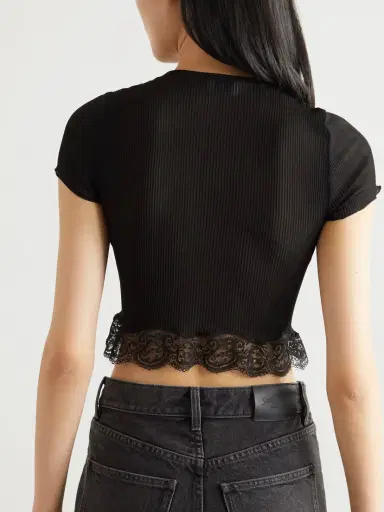 Saint Laurent Cropped Lace-trimmed Ribbed Silk Top | Thumbnail 3
