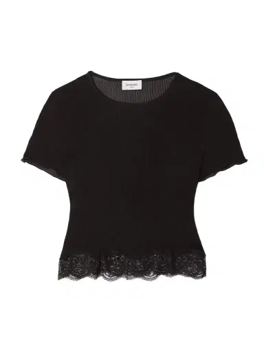 Saint Laurent Cropped Lace-trimmed Ribbed Silk Top | Thumbnail 1