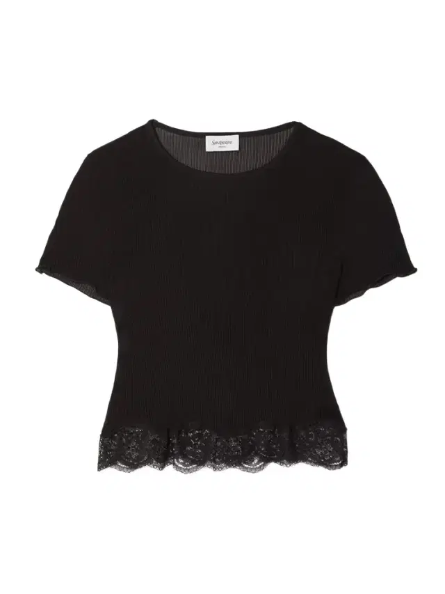 Cropped Lace-trimmed Ribbed Silk Top