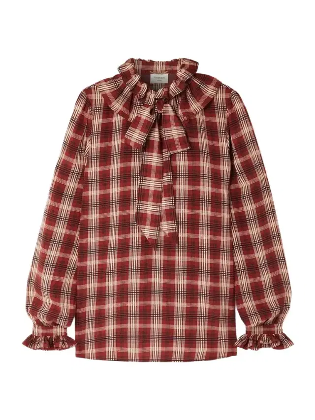 Pussy-bow Ruched Checked Silk Blouse