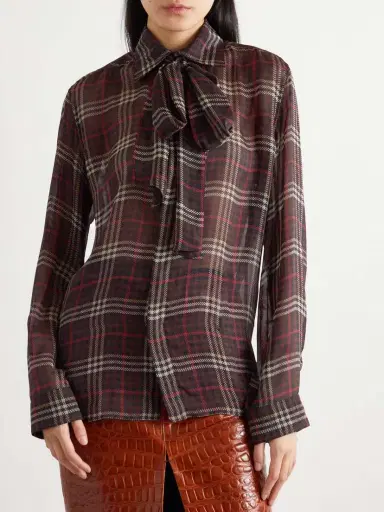 Saint Laurent Pussy-bow Checked Silk-chiffon Shirt | Thumbnail 3