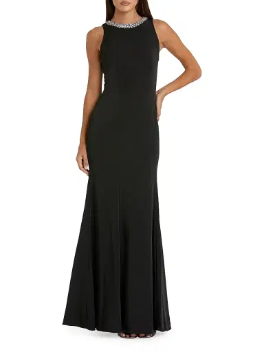 Mac Duggal Women's Ieena Embellished Neck Satin Trumpet Gown - Black - Size 16 | Thumbnail 1 Mac Duggal Women's Ieena Embellished Neck Satin Trumpet Gown - Black - Size 16 | Thumbnail 1