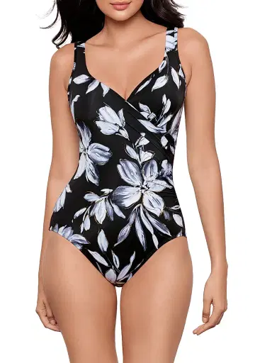 Miraclesuit Swim Women's Fiore Di Luna Floral Wrap One-Piece Swimsuit - Black And White - Size 16 | Thumbnail 2