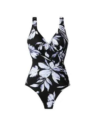 Miraclesuit Swim Women's Fiore Di Luna Floral Wrap One-Piece Swimsuit - Black And White - Size 16 | Thumbnail 1