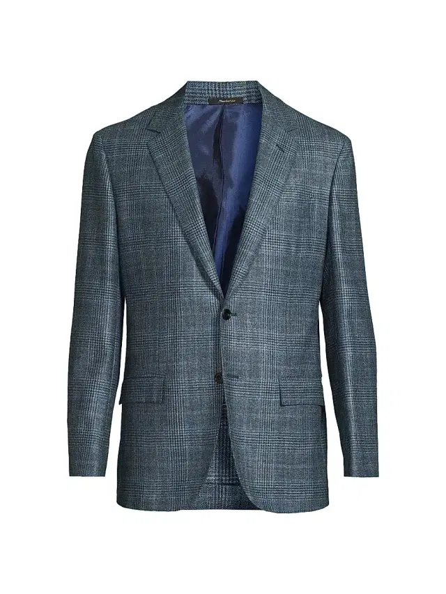 Men's Plaid Wool-Silk Jacket - Blue Pattern