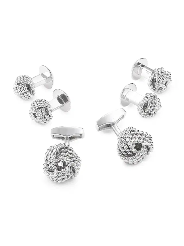 Tateossian Men's Braided Cuff Links & Shirt Studs Set - Silver