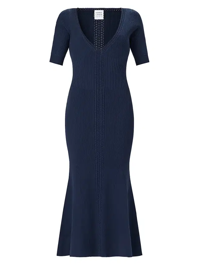 Hervé Léger Women's Aria Rib-Knit V-Neck Midi-Dress - Nocturne