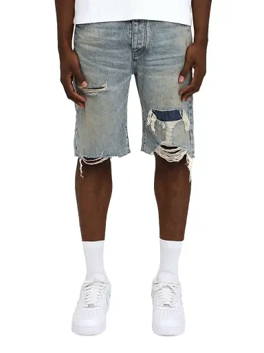 Purple Brand Men's Faros Rip Patched Denim Shorts | Thumbnail 1 Purple Brand Men's Faros Rip Patched Denim Shorts | Thumbnail 1