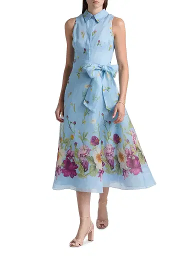 Teri Jon by Rickie Freeman Women's Floral Silk-Linen Fit & Flare Midi-Dress - Light Blue Multi | Thumbnail 2