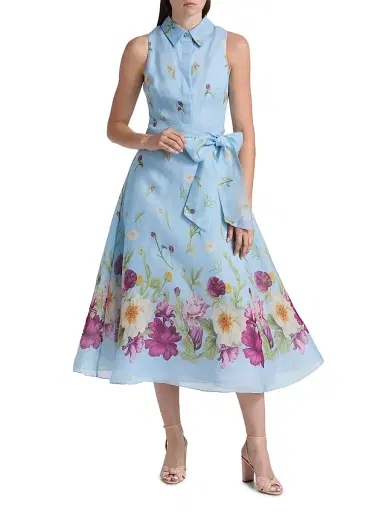 Teri Jon by Rickie Freeman Women's Floral Silk-Linen Fit & Flare Midi-Dress - Light Blue Multi | Thumbnail 3